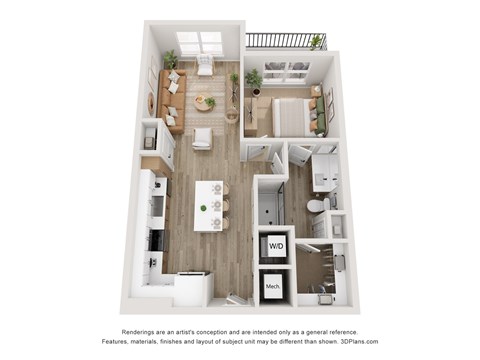 Floor plan for 1 bed, 1 bath, 757 sqft